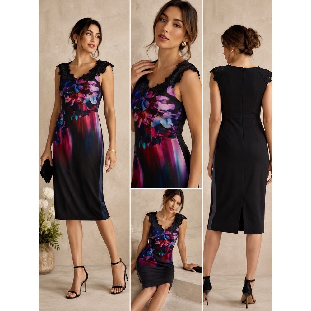 Little Mistress Floral Sheath Dress Women 4 Black Multi Good Lace Cocktail